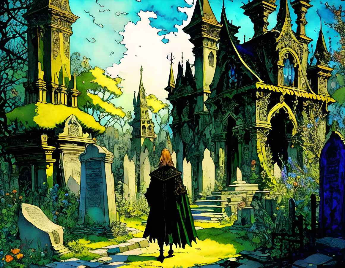 Cloaked figure at ornate cemetery entrance with detailed gravestones