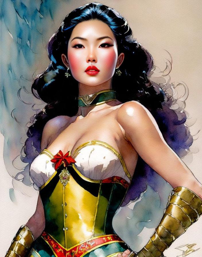 Asian woman with red lipstick in colorful corset and gauntlets against watery backdrop