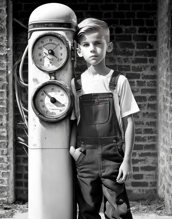 Monochrome image of boy by vintage gas pump and brick wall