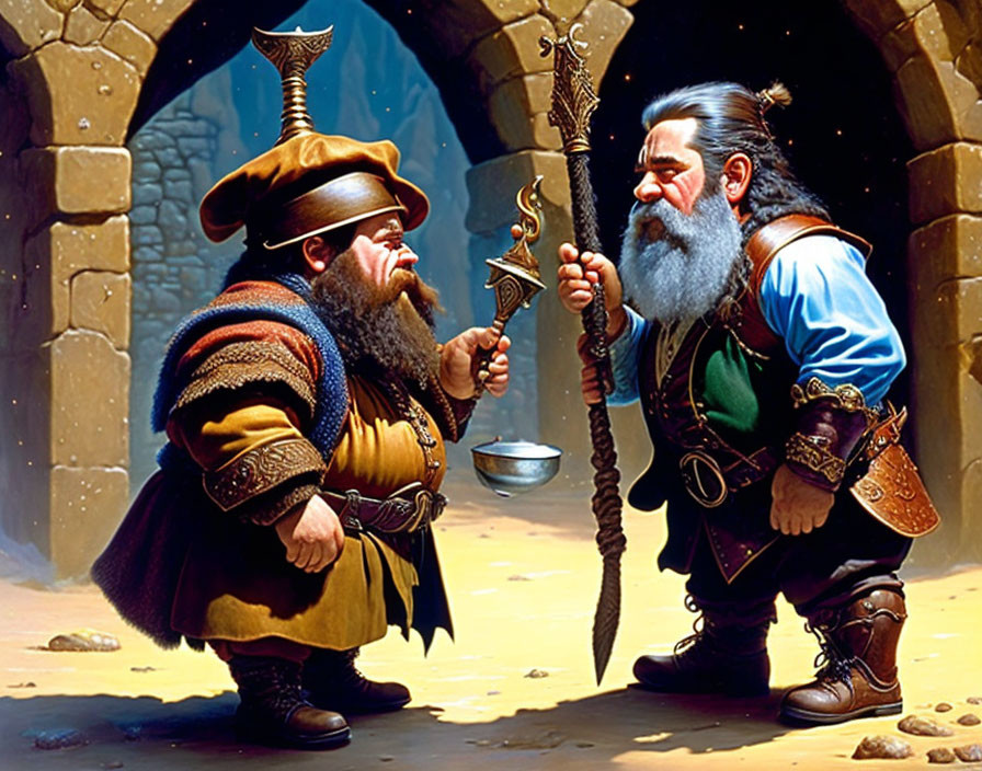 Detailed stylized fantasy dwarves in traditional garb with hammer, in serious discussion.