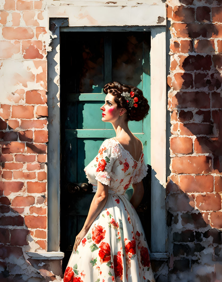 Woman in floral dress by old door with red flowers in hair against brick backdrop