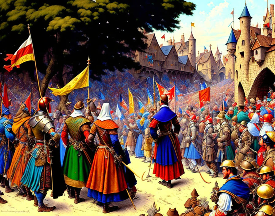 Medieval knights in colorful armor gather near a castle for battle