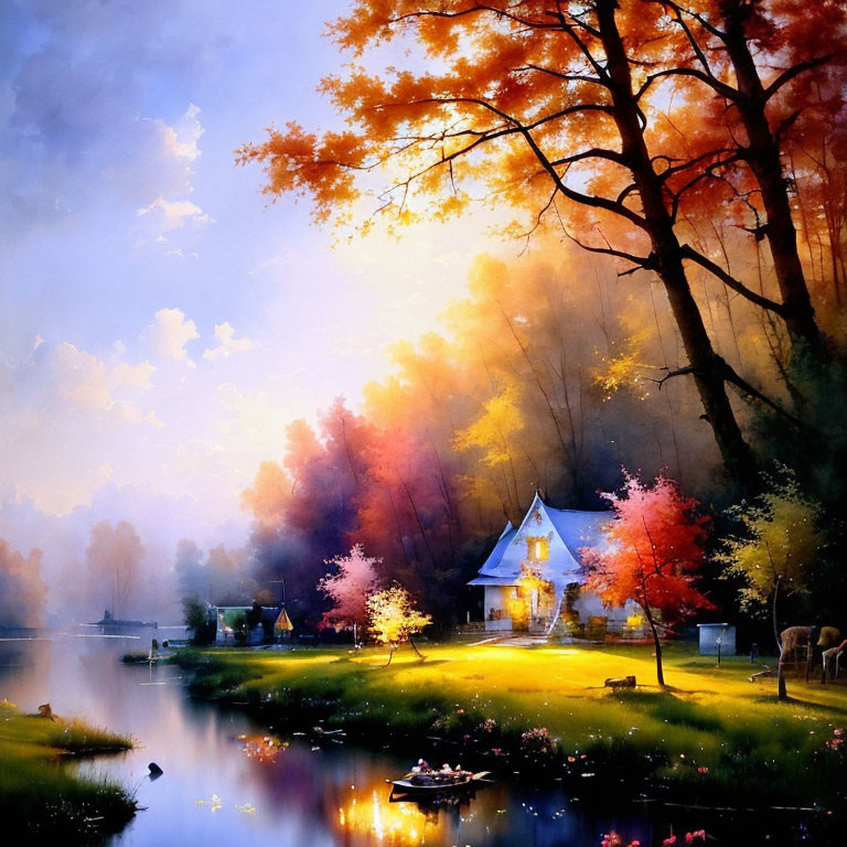 Tranquil autumn lake landscape with glowing cottage and misty backdrop