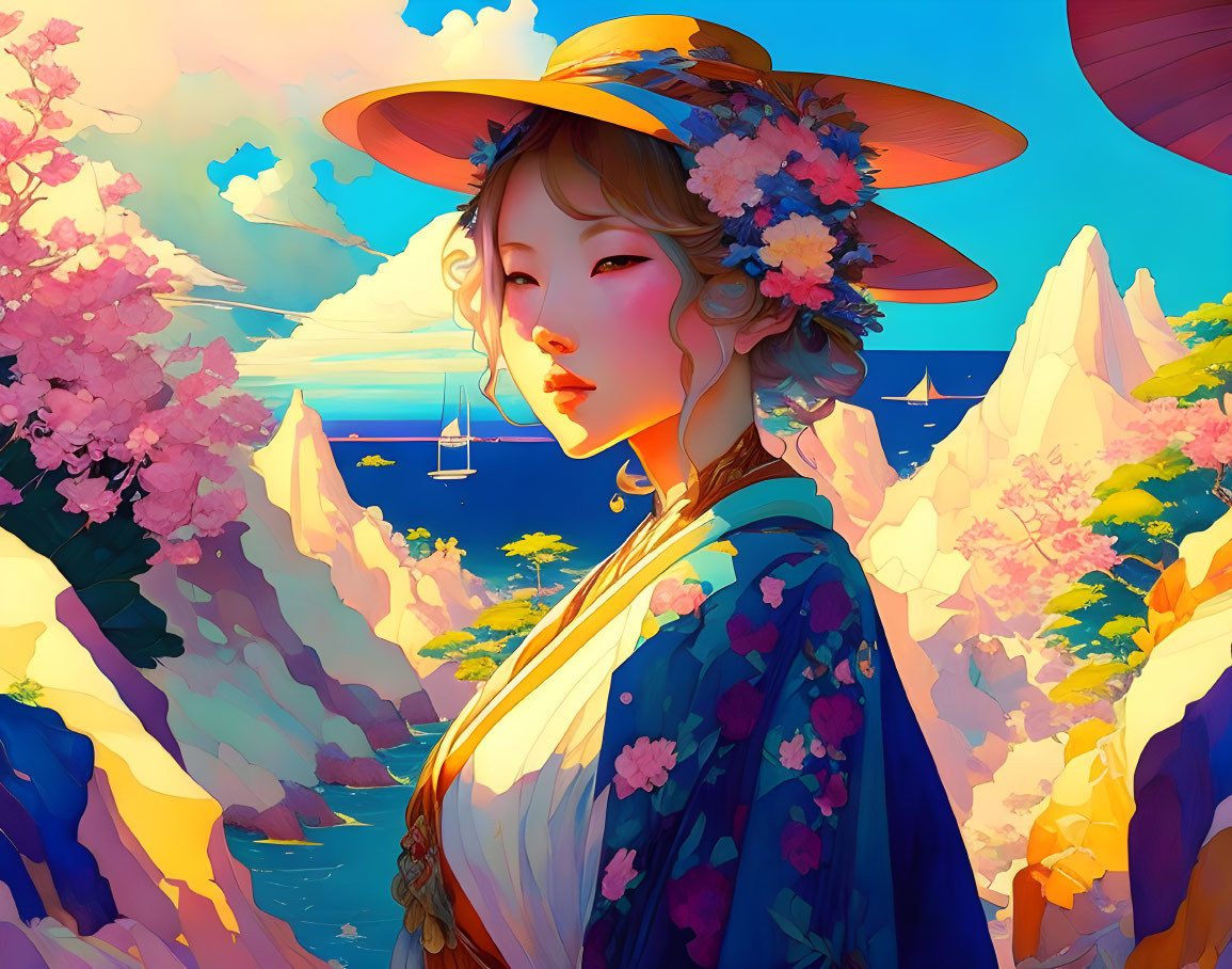 Woman in wide-brimmed hat admires coastal landscape with flowers, cliffs, and sailboats