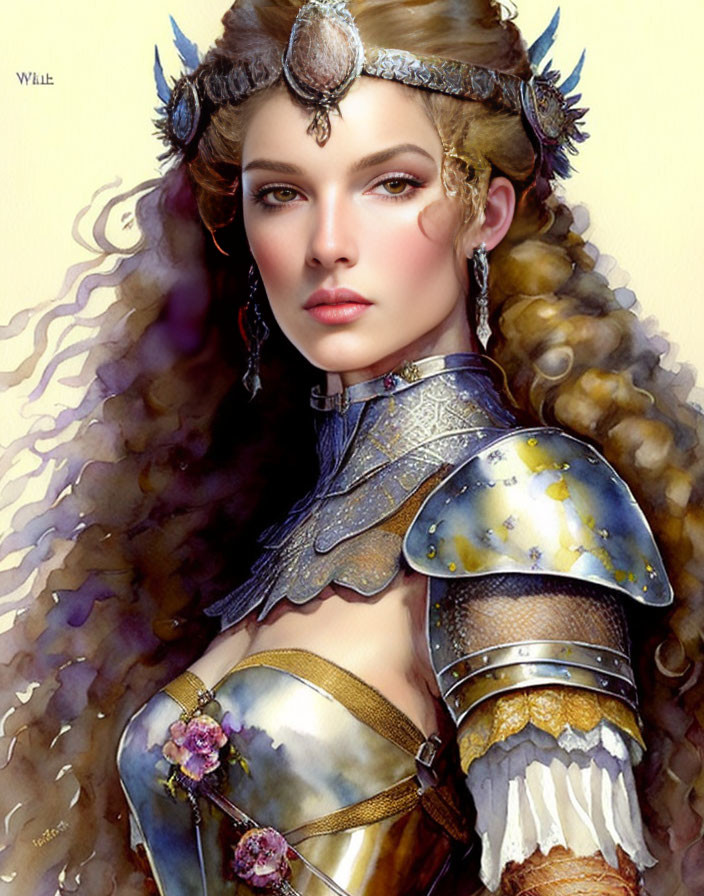 Fantasy female warrior in ornate armor and tiara with curly hair