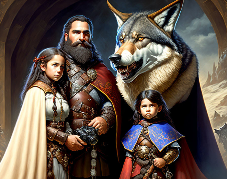 Medieval family portrait with bearded man, children in royal attire, and wolf in castle setting.