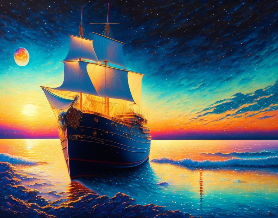 Sailing ship with white sails on shimmering ocean at sunset