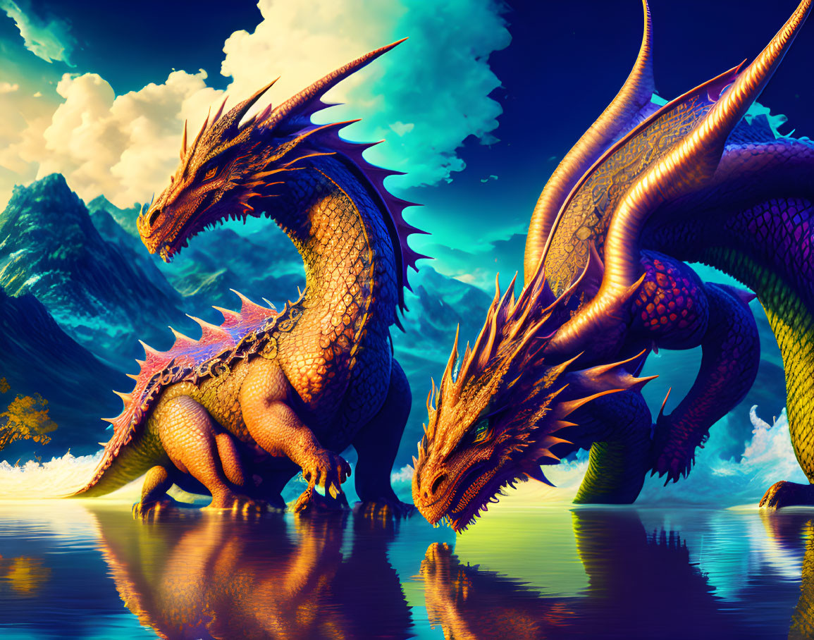 Majestic dragons near water, mountains, and blue sky
