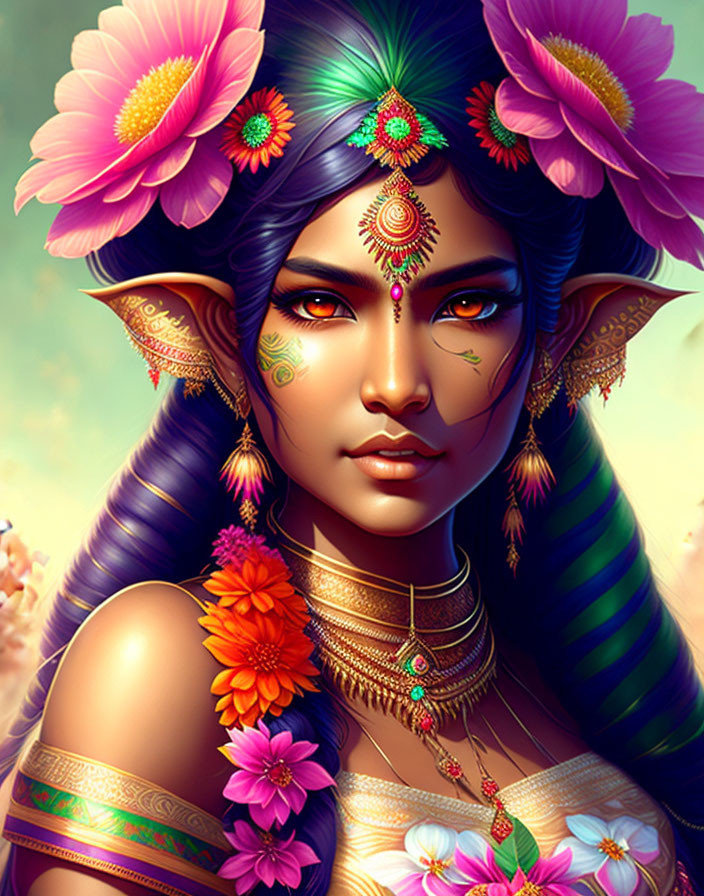 Fantasy female character with green eyes, pointed ears, flowers, and jewelry