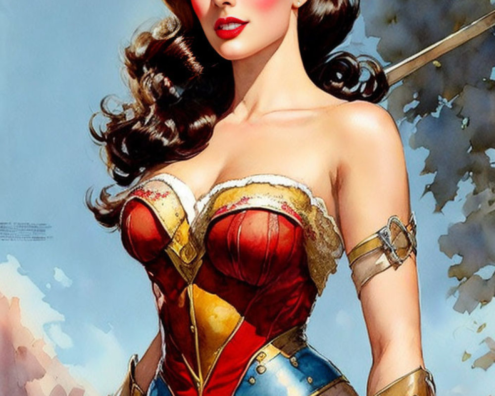 Dark-haired superheroine in red, gold, and blue costume with W emblem on corset.