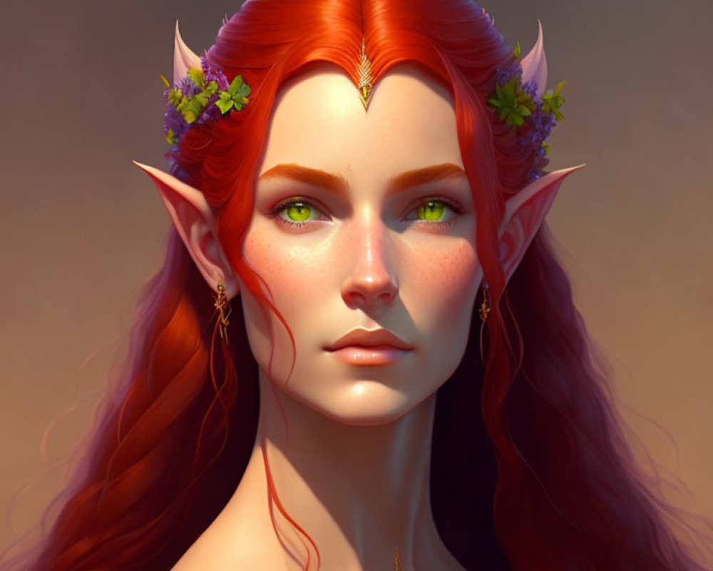 Illustration of woman with elfin features: pointed ears, green eyes, red hair with flowers.