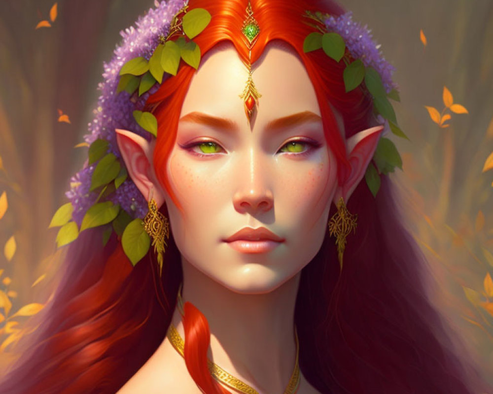 Elf illustration: Red hair, pointed ears, green eyes, floral crown with jewels.