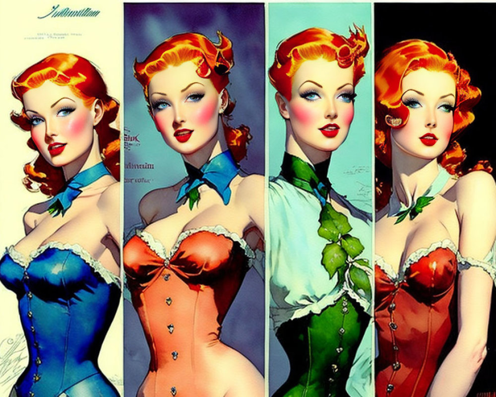 Red-haired woman in wave hairstyle with four colored corsets and backgrounds, vintage pin-up style