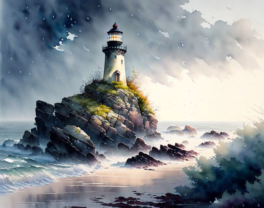 Watercolor painting of lighthouse on rocky outcrop with stormy seas