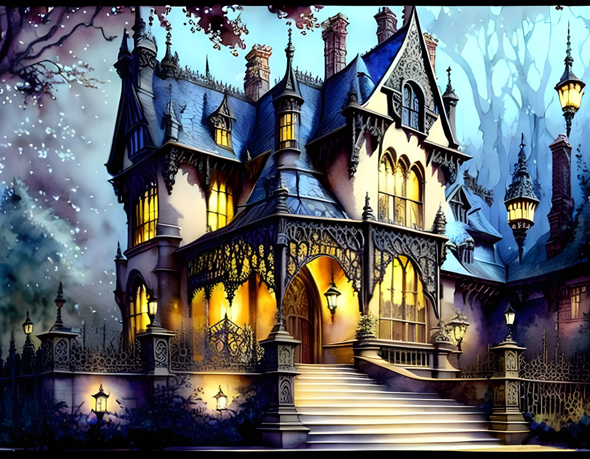 Illustration of Gothic Mansion at Dusk with Warm Glowing Windows