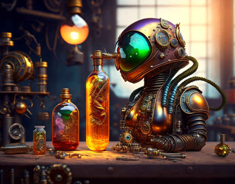 Steampunk-style robot with spherical helmet surrounded by illuminated bottles and gears