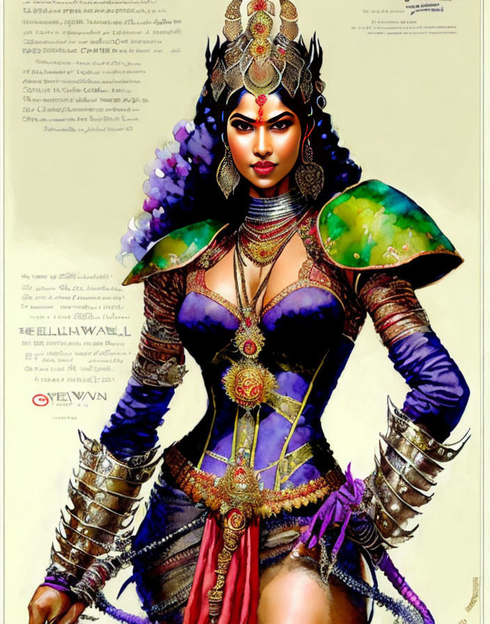 Fantasy costume woman with crown and armor on foreign script background