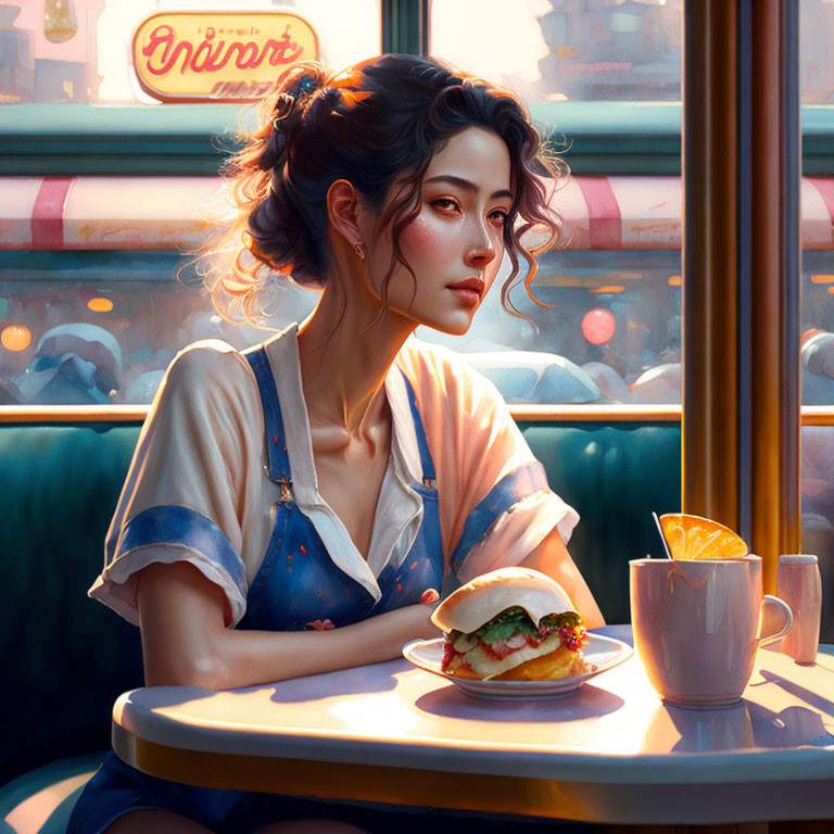 Woman sitting at diner booth with sandwich and drink in warm sunlight and cityscape view.