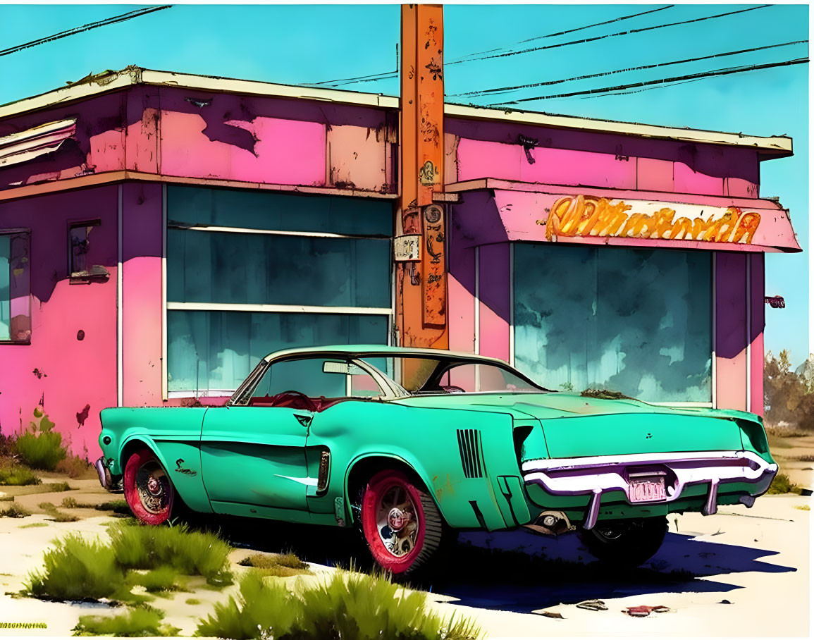 Retro-styled turquoise classic car parked outside pink diner in deserted area