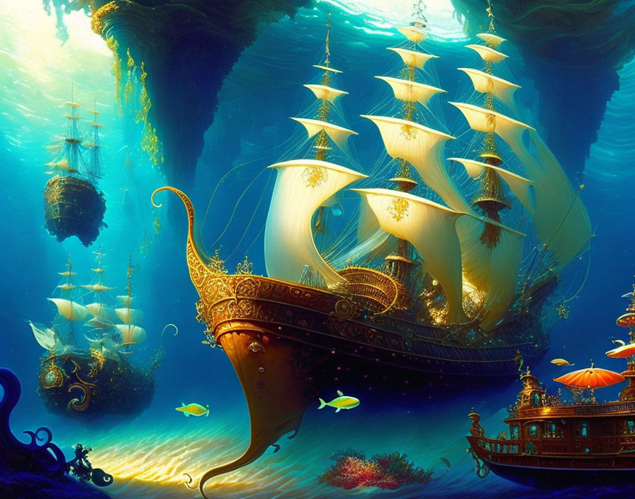 Ornate golden ships sail in underwater scene with exotic fish