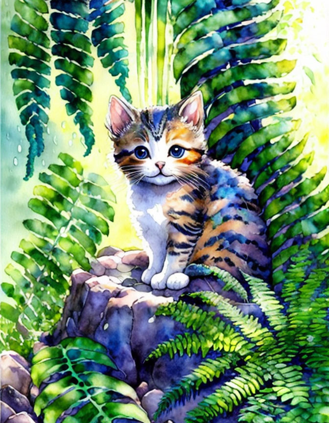 Colorful Watercolor Illustration of Adorable Kitten with Blue Eyes in Nature