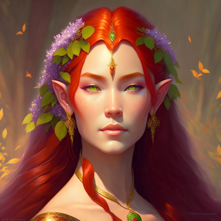Elf illustration: Red hair, pointed ears, green eyes, floral crown with jewels.