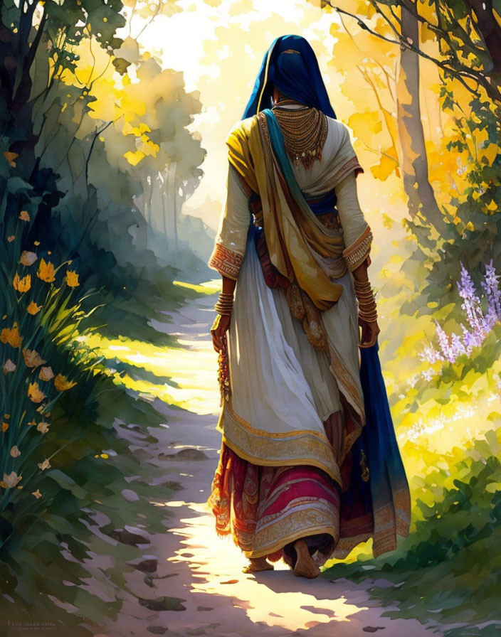 Traditional Indian Attire Woman Walking in Sunlit Forest