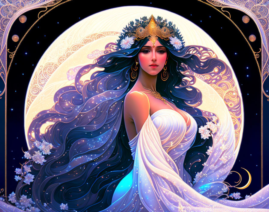 Fantasy woman with dark hair and golden crown in white attire on starry sky background