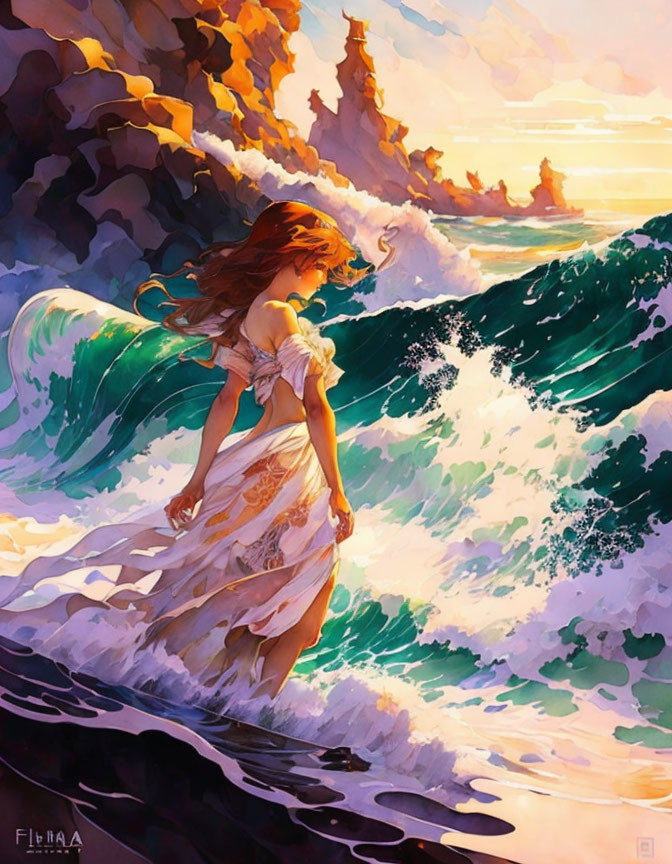 Woman in flowing dress by dramatic sea waves at sunset