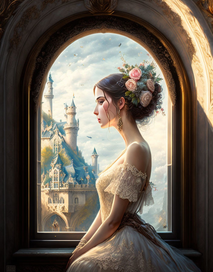 Vintage-dressed woman gazes at gothic castle through floral hairpiece.