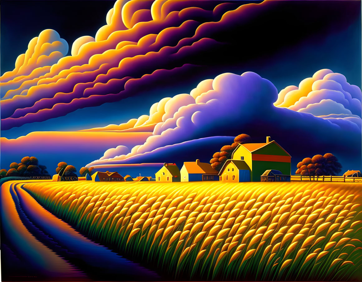 Colorful countryside painting with golden field and dramatic sky.