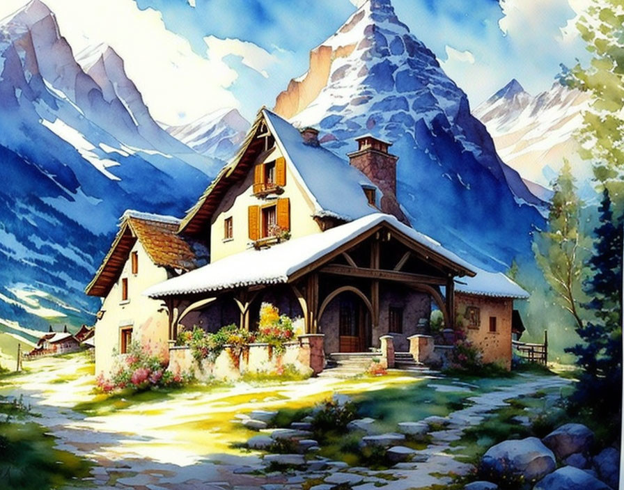 Scenic watercolor painting of mountain chalet in nature