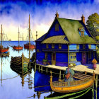 Vibrant medieval port scene with blue house, docks, sailing ships at sunrise or sunset