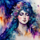 Vibrant cosmic-themed digital artwork of a woman in dreamy backdrop