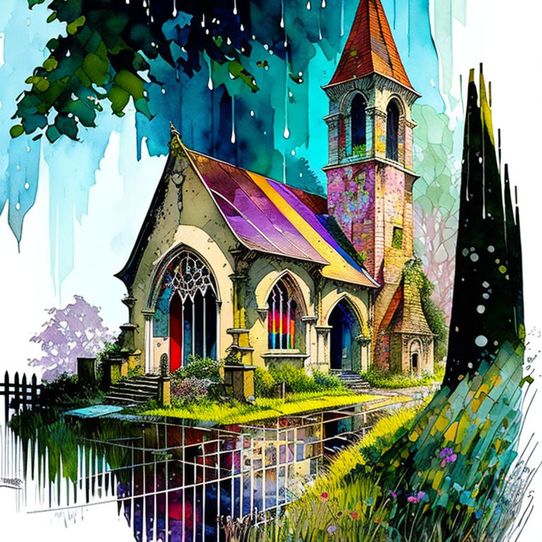 Vibrant church illustration with steeple, pond, and colorful sky