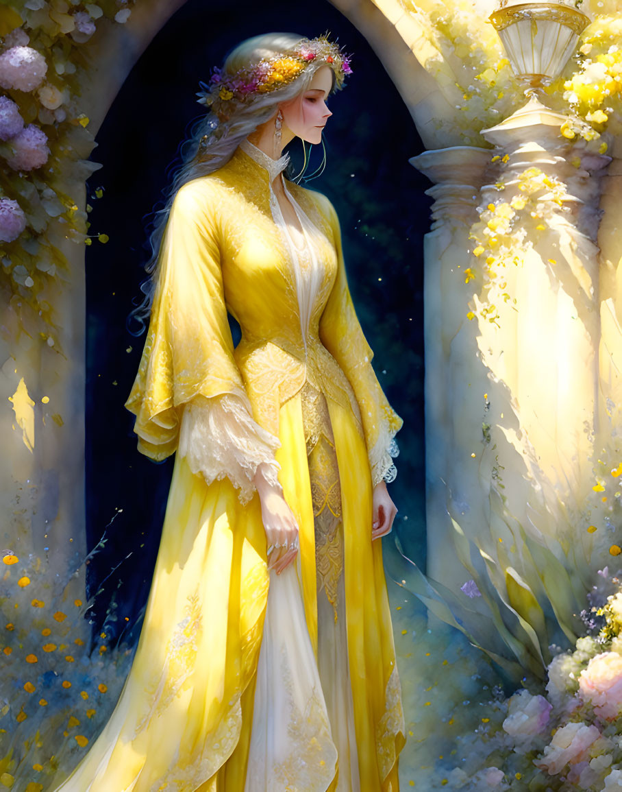 Ethereal figure in sunlit archway with floral crown and yellow gown surrounded by flowers and lamp