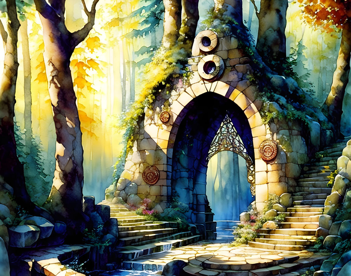 Enchanting forest scene with stone archway and mystical symbols