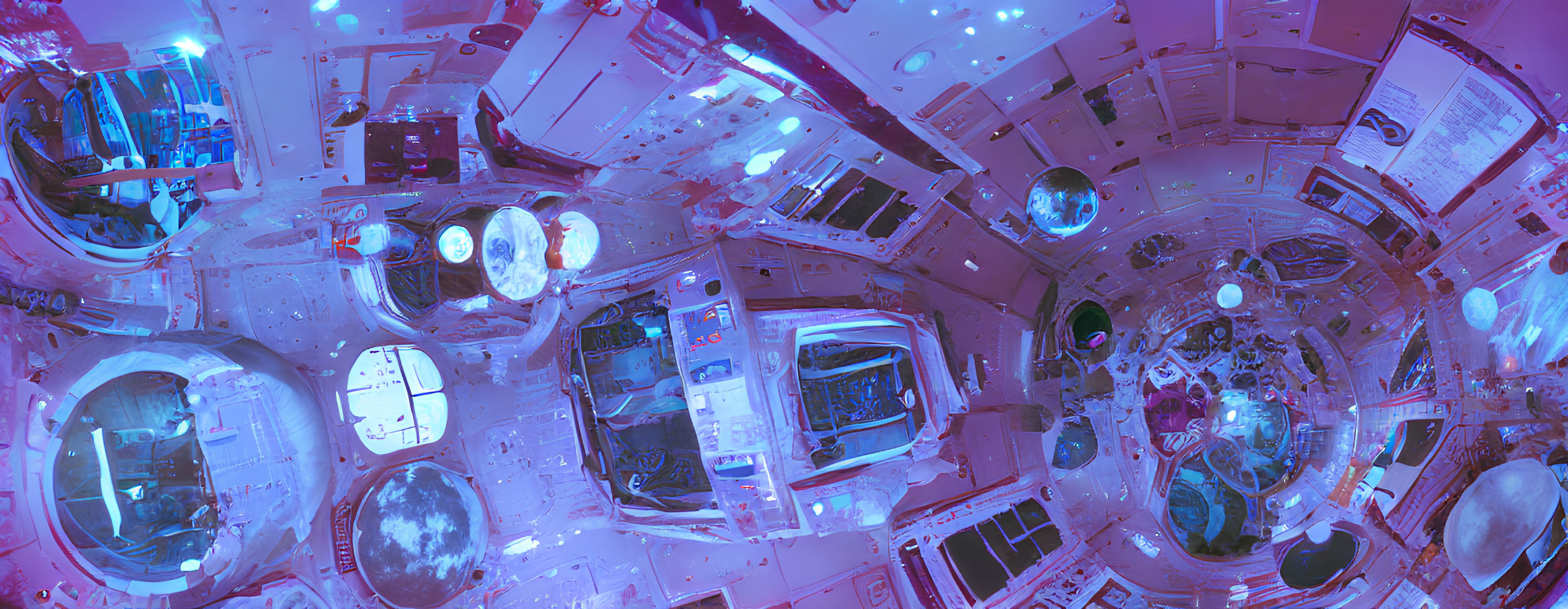 Spacecraft Interior with Control Panels, Screens & Earth View