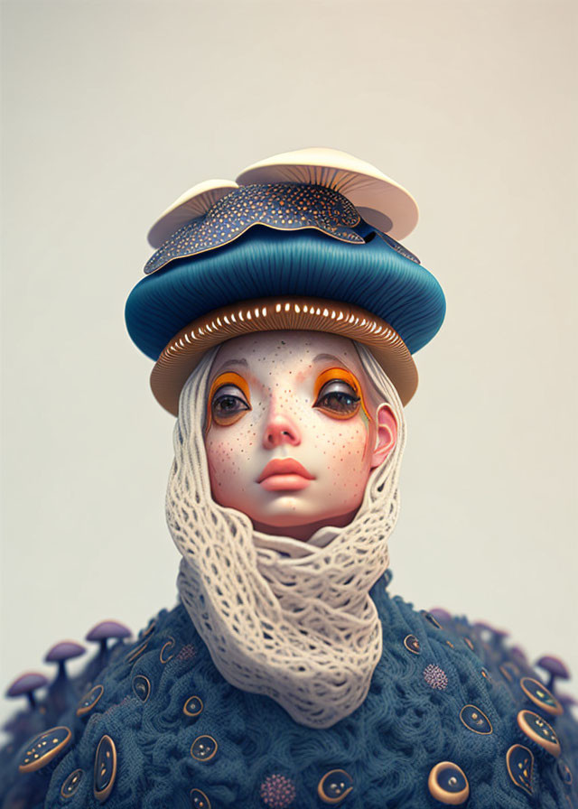Stylized digital artwork of a female figure with oversized eyes and mushroom cap hat
