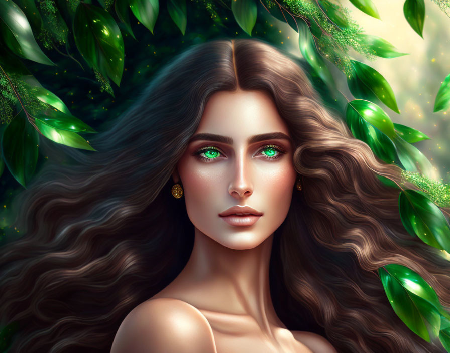 Digital portrait of woman with brown hair & green eyes, in lush green setting.