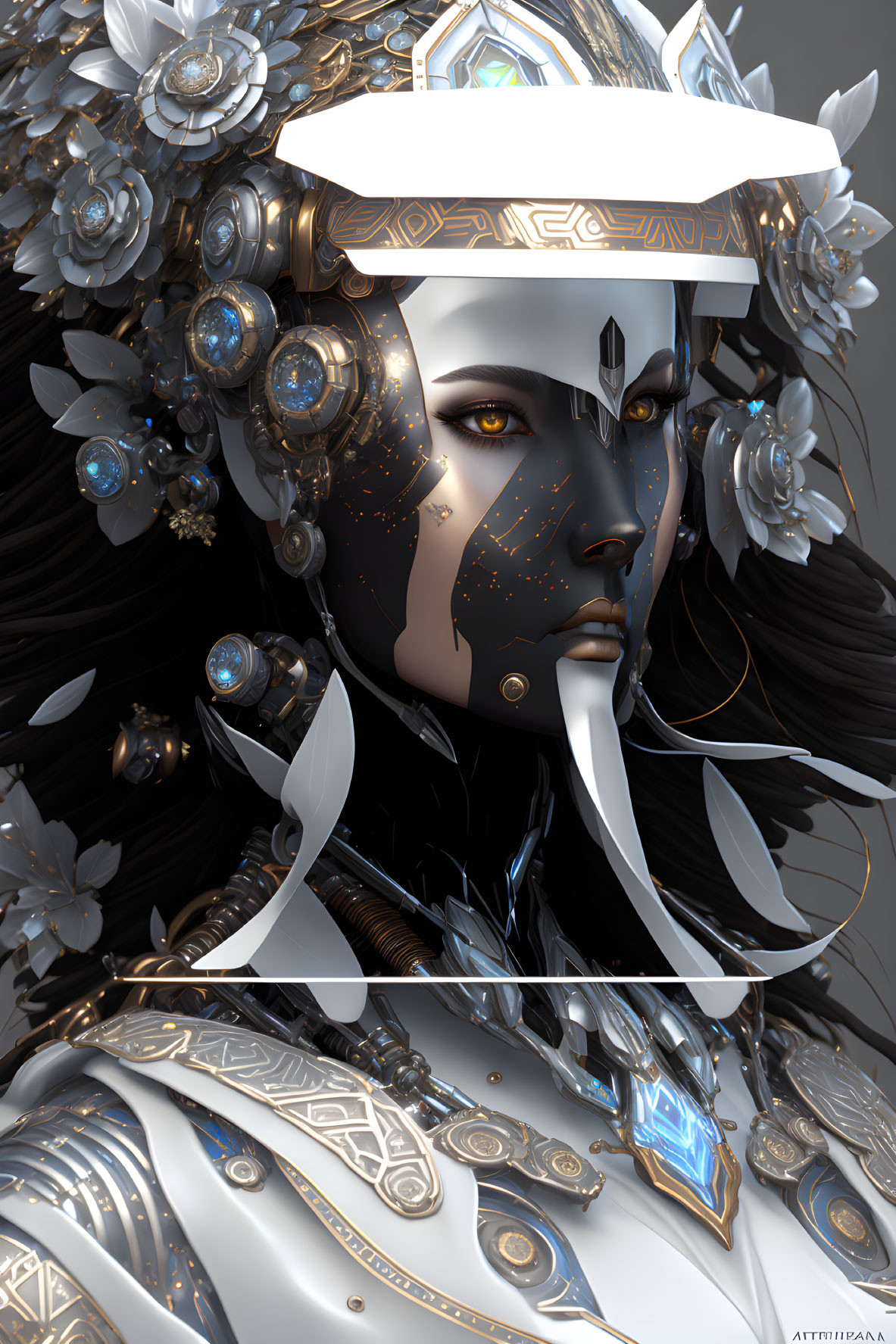 Detailed digital art portrait of female figure with metallic skin and intricate silver and white armor and floral decorations,