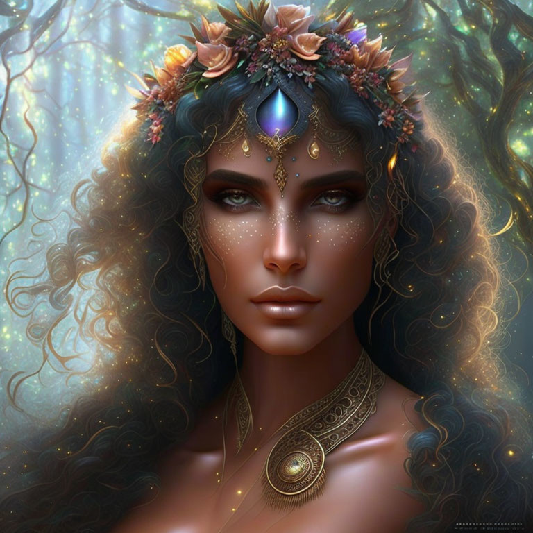 Curly-haired woman with floral crown and intricate jewelry in fantasy portrait