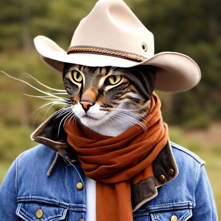 Cat in cowboy hat and denim jacket with orange scarf - whimsical blend of animal and human features