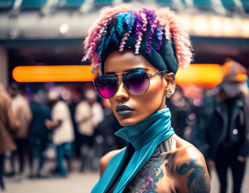 Colorful mohawk, sunglasses, blue scarf, bold makeup, tattoos - Stylish individual in