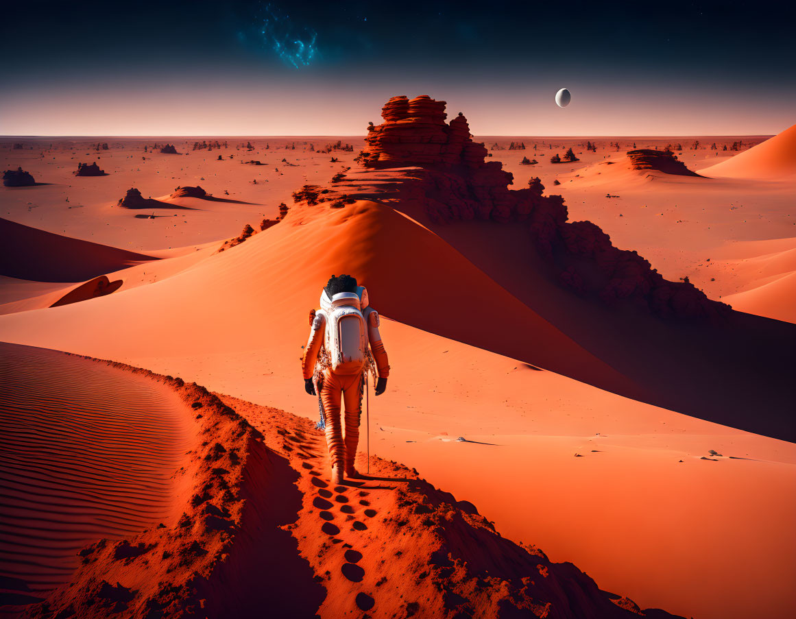 Astronaut walking in red sand desert with dunes, rock formations, crescent moon, and