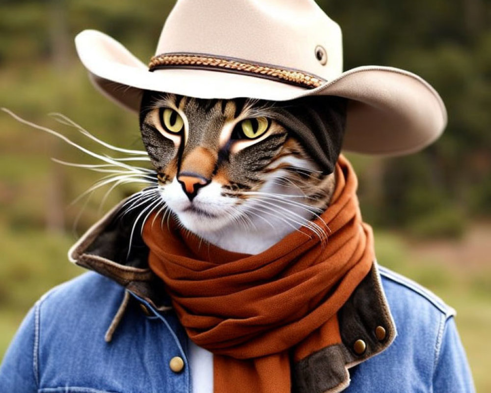 Cat in cowboy hat and denim jacket with orange scarf - whimsical blend of animal and human features