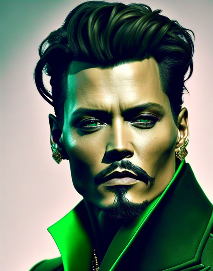 Digital artwork featuring man with styled hair, cheekbones, moustache, goatee, earrings,