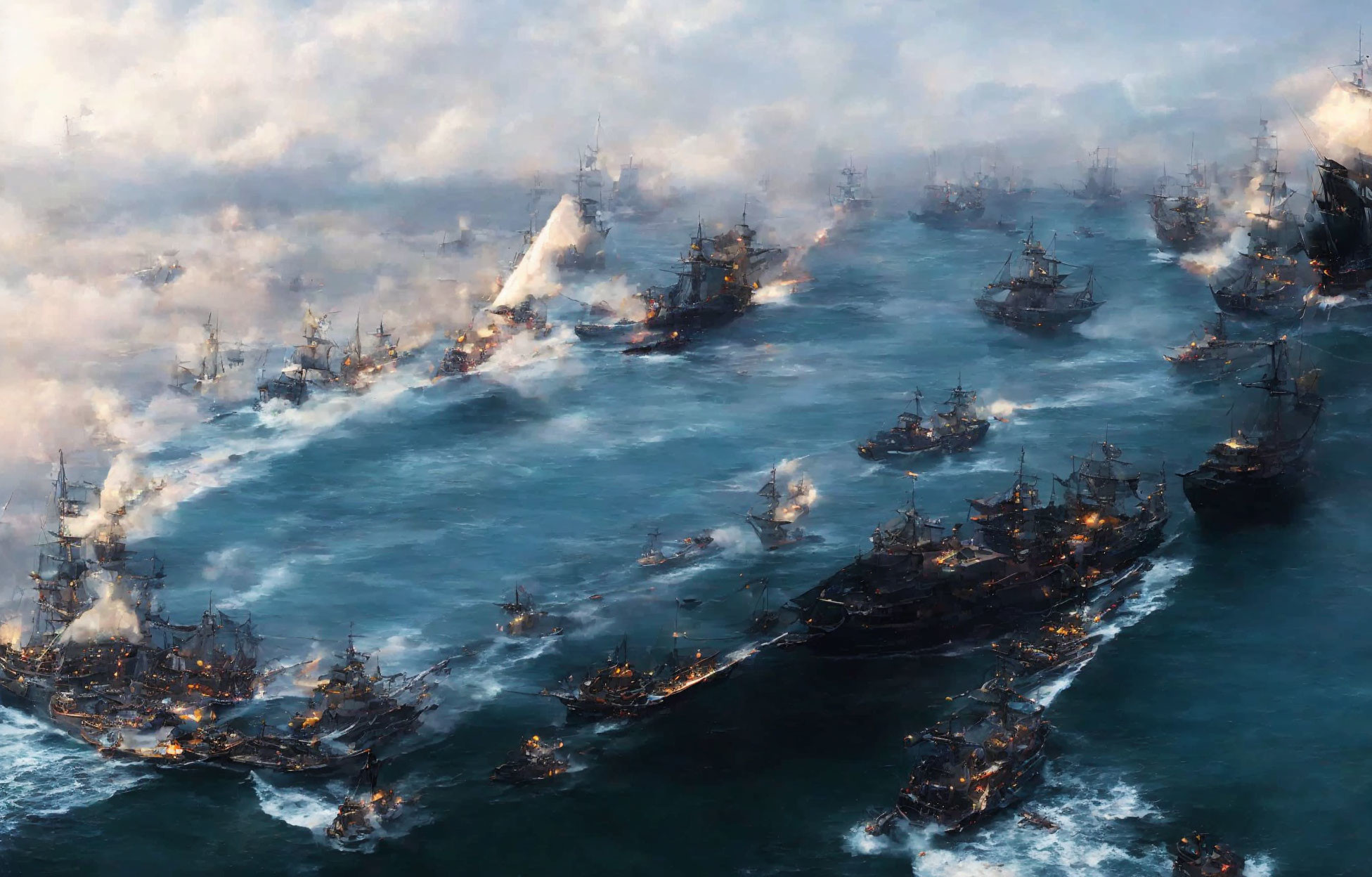 Intense naval battle scene with multiple ships in combat on the open sea