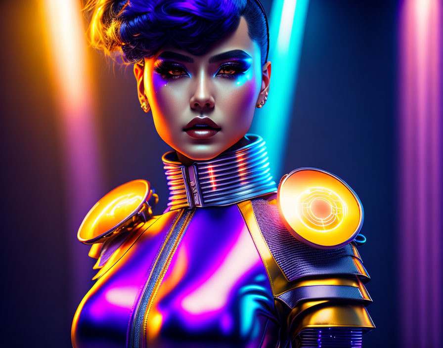 Futuristic female character in sci-fi outfit with glowing mechanical shoulder.