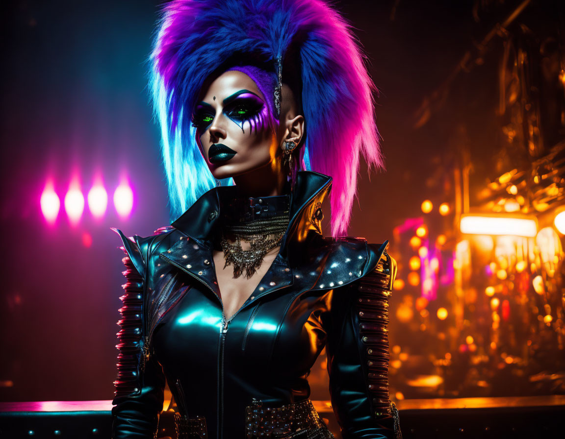 Vibrant purple and blue hair person in dramatic makeup and spiked black outfit with neon lights.